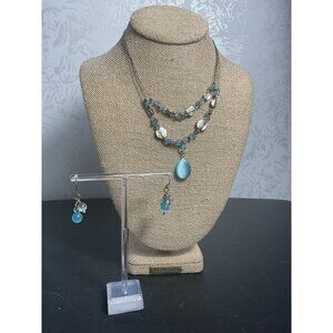Opal Blue Bead Earrings & Necklace Set With Silver Chain